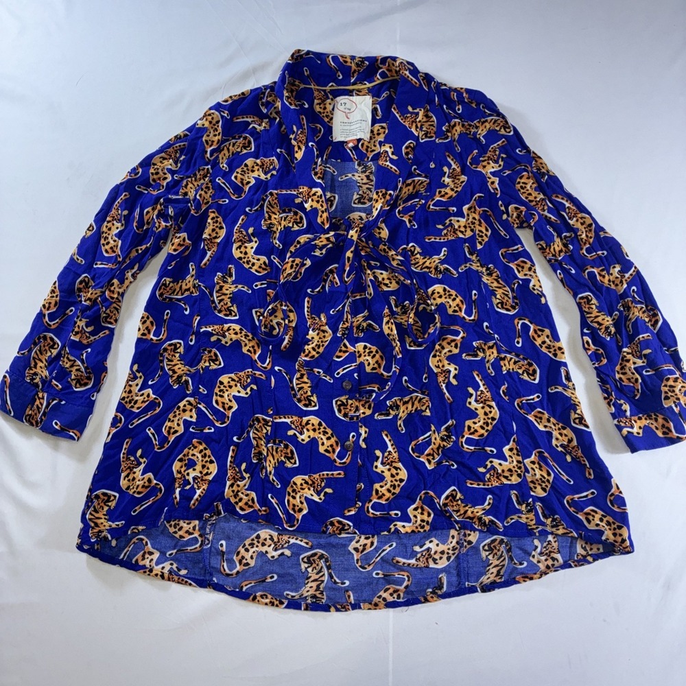Anthropologie Conversations 17 of 52 Blue Tiger Blouse Size 6 Top